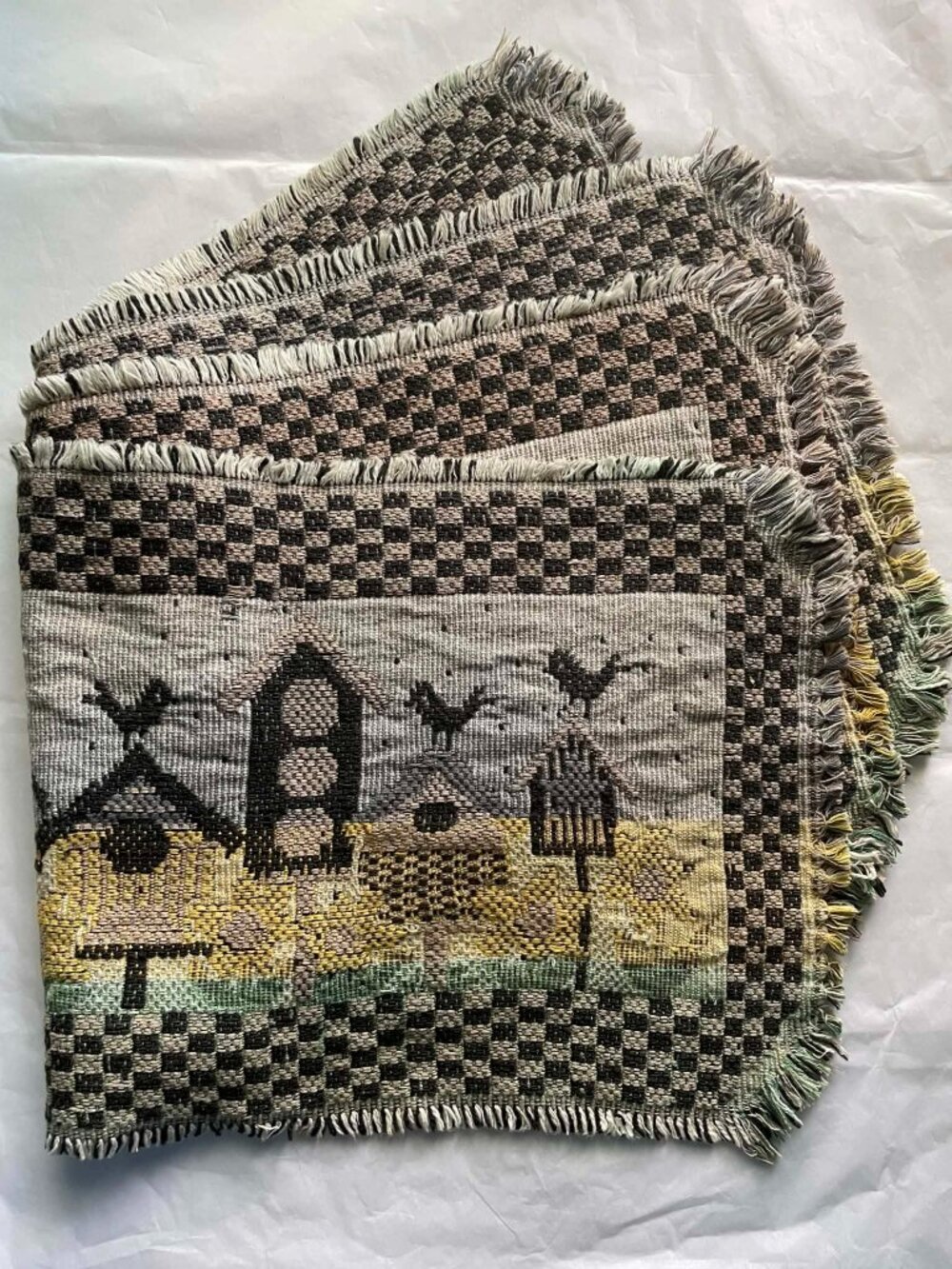 Birdhouse Woven Tapestry SET OF 4 Placemat Folk Art Farmhouse Cottagecore Vint.